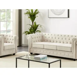 Canapé 3 Places Et Fauteuil En Tissu Beige CHESTERFIELD