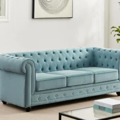 Canapé 3 Places En Tissu Bleu Clair CHESTERFIELD