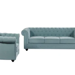 Canapé 3 Places Et Fauteuil En Tissu Bleu Clair CHESTERFIELD -Promos Chesteris Boutique canape 19452669