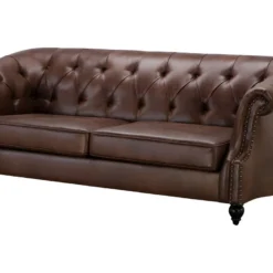 Canapé 3 Places Chesterfield AQUITAINE En Microfibre Aspect Cuir Vieilli - Marron