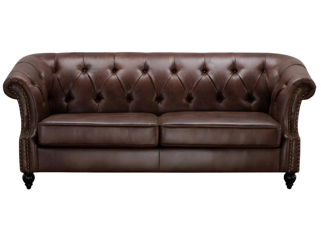 Canapé 3 Places Chesterfield AQUITAINE En Microfibre Aspect Cuir Vieilli - Marron 2 Canapé 3 Places Chesterfield AQUITAINE En Microfibre Aspect Cuir Vieilli - Marron – Image 2