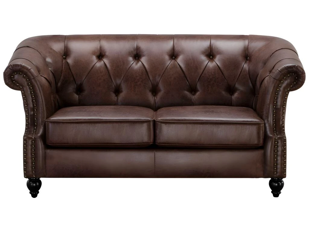 Canapé 2 Places Chesterfield AQUITAINE En Microfibre Aspect Cuir Vieilli - Marron 2 Canapé 2 Places Chesterfield AQUITAINE En Microfibre Aspect Cuir Vieilli - Marron – Image 2