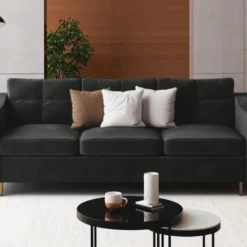 Canapé 3 Places Convertible En Velours SORENI - Gris Anthracite