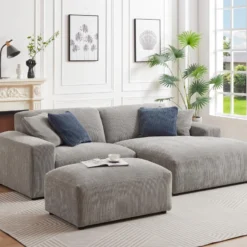 Canapé D'angle Droit Et Pouf En Velours Côtelé Gris TIRONO