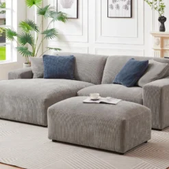 Canapé D'angle Gauche Et Pouf En Velours Côtelé Gris TIRONO -Promos Chesteris Boutique canape 19917557