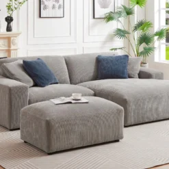 Canapé D'angle Droit Et Pouf En Velours Côtelé Gris TIRONO -Promos Chesteris Boutique canape 19917661