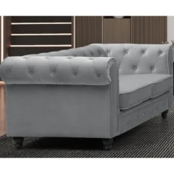 Grand Canapé 2 Places Chesterfield Velours Argent -Promos Chesteris Boutique canape 19940013