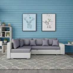 Canapé D'angle Convertible "Gregory" - Avec étagères - 4 Places - Gris/Blanc - Angle Gauche