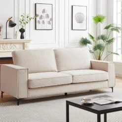 Canapé 3 Places En Velours Côtelé Beige OLMEDA