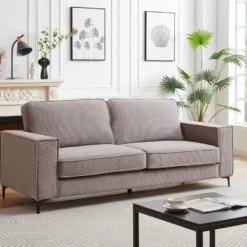 Canapé 3 Places En Velours Côtelé Gris OLMEDA