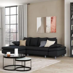 Canapé D'angle Convertible En Tissu FELTON - Anthracite - Angle Gauche