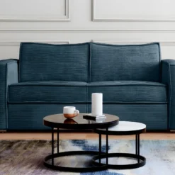 Canapé 3 Places Convertible Express En Velours Côtelé Bleu - Couchage 140 Cm - Matelas 18 Cm LORETO -Promos Chesteris Boutique canape 21073375