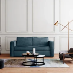 Canapé 3 Places Convertible Express En Velours Côtelé Bleu - Couchage 140 Cm - Matelas 22 Cm LORETO