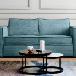 Canapé 3 Places Convertible Express En Velours Côtelé Bleu Clair - Couchage 140 Cm - Matelas 22 Cm LORETO -Promos Chesteris Boutique canape 21073723