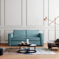 Canapé 3 Places Convertible Express En Velours Côtelé Bleu Clair - Couchage 140 Cm - Matelas 14 Cm LORETO