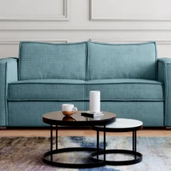 Canapé 3 Places Convertible Express En Velours Côtelé Bleu Clair - Couchage 140 Cm - Matelas 14 Cm LORETO -Promos Chesteris Boutique canape 21073749