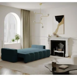 Canapé 4 Places Convertible Coffre Noyer Velours Bleu Paon -Promos Chesteris Boutique canape 21219283