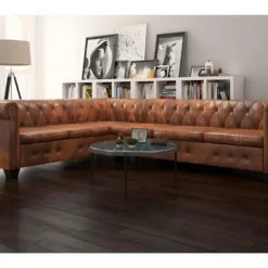 Canapé D'angle Chesterfield 6 Places Cuir Artificiel Marron