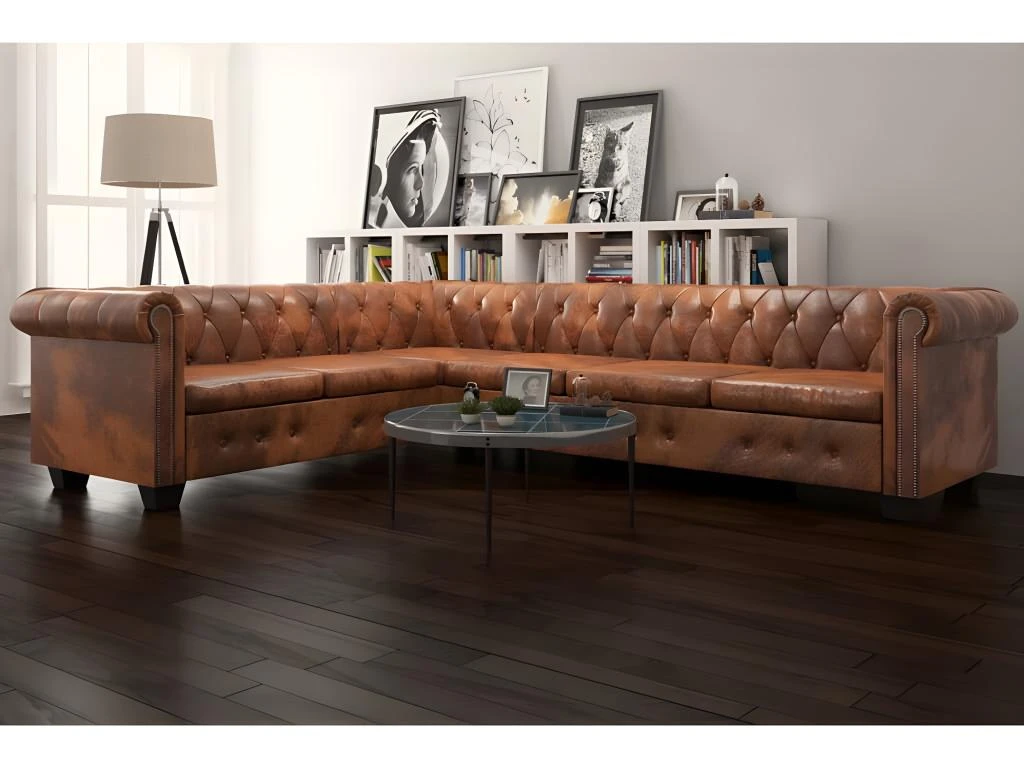 Canapé D'angle Chesterfield 6 Places Cuir Artificiel Marron 1 Canapé D'angle Chesterfield 6 Places Cuir Artificiel Marron