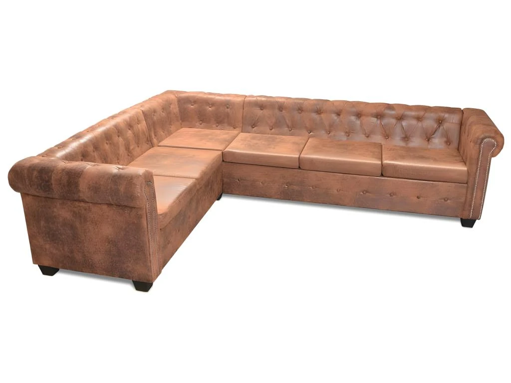 Canapé D'angle Chesterfield 6 Places Cuir Artificiel Marron 2 Canapé D'angle Chesterfield 6 Places Cuir Artificiel Marron – Image 2