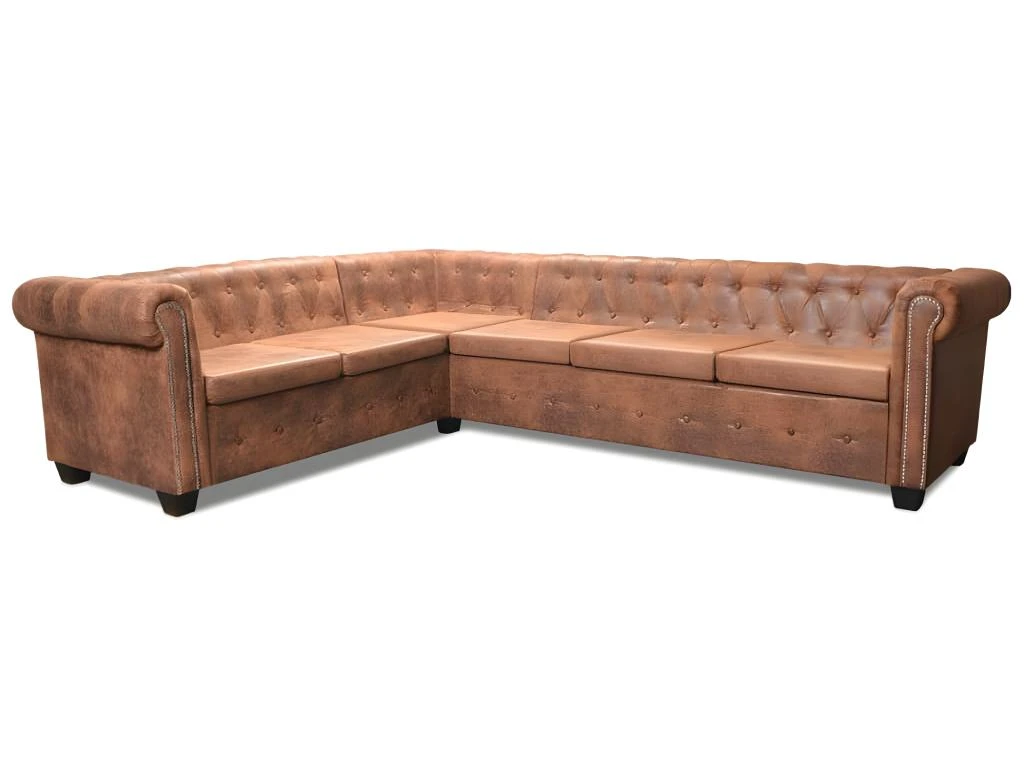 Canapé D'angle Chesterfield 6 Places Cuir Artificiel Marron 3 Canapé D'angle Chesterfield 6 Places Cuir Artificiel Marron – Image 3