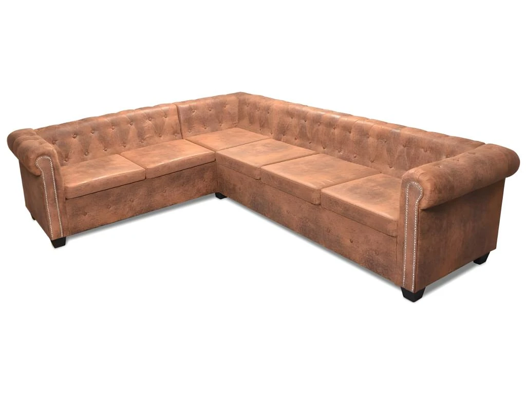 Canapé D'angle Chesterfield 6 Places Cuir Artificiel Marron 4 Canapé D'angle Chesterfield 6 Places Cuir Artificiel Marron – Image 4