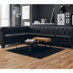 Canapé D'angle Chesterfield 6 Places Cuir Artificiel Noir