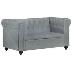 Canapé Chesterfield à 2 Places Gris Cuir Véritable