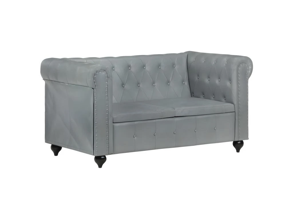 Canapé Chesterfield à 2 Places Gris Cuir Véritable 1 Canapé Chesterfield à 2 Places Gris Cuir Véritable