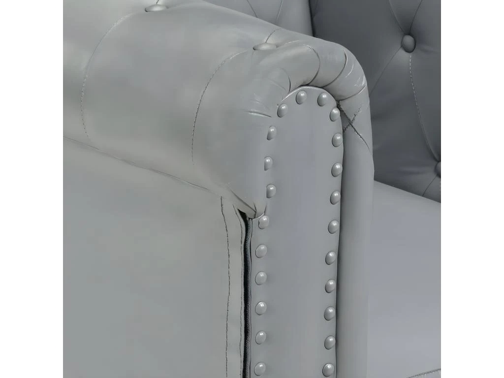 Canapé Chesterfield à 2 Places Gris Cuir Véritable 4 Canapé Chesterfield à 2 Places Gris Cuir Véritable – Image 4