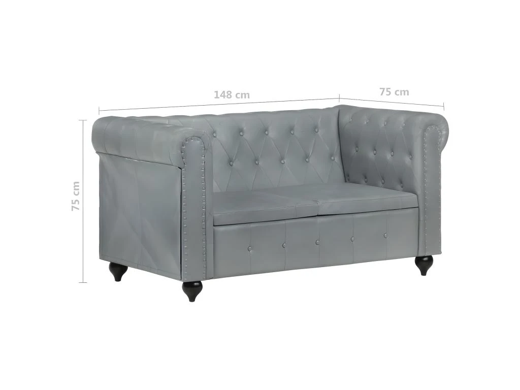 Canapé Chesterfield à 2 Places Gris Cuir Véritable 7 Canapé Chesterfield à 2 Places Gris Cuir Véritable – Image 7