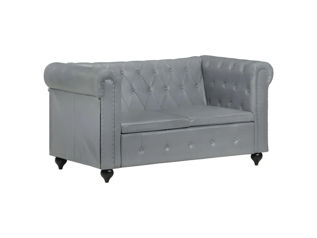 Canapé Chesterfield à 2 Places Gris Cuir Véritable 8 Canapé Chesterfield à 2 Places Gris Cuir Véritable – Image 8