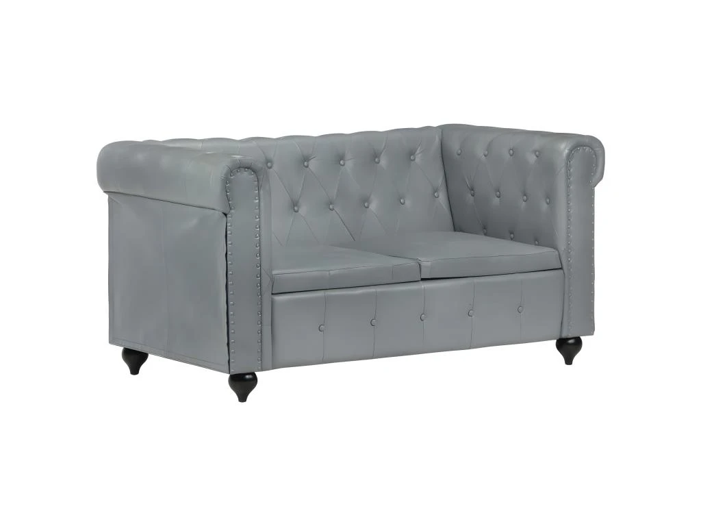 Canapé Chesterfield à 2 Places Gris Cuir Véritable 9 Canapé Chesterfield à 2 Places Gris Cuir Véritable – Image 9