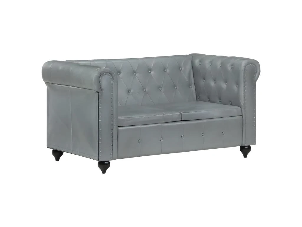 Canapé Chesterfield à 2 Places Gris Cuir Véritable 10 Canapé Chesterfield à 2 Places Gris Cuir Véritable – Image 10