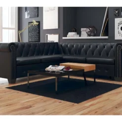 Canapé D'angle Chesterfield 5 Places Cuir Synthétique Noir