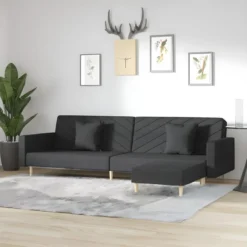 Canapé-lit 2 Places Deux Oreillers Et Repose-pied Noir Tissu