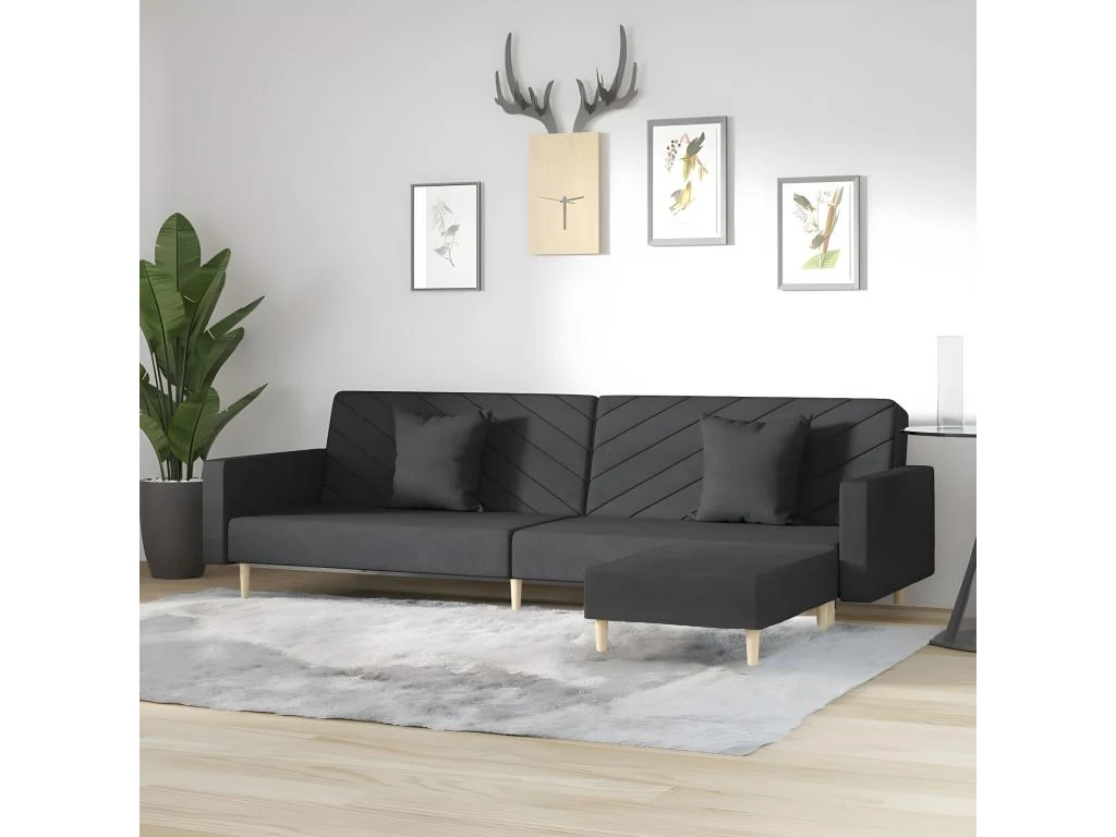 Canapé-lit 2 Places Deux Oreillers Et Repose-pied Noir Tissu 1 Canapé-lit 2 Places Deux Oreillers Et Repose-pied Noir Tissu