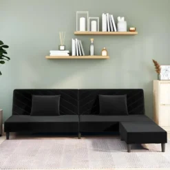 Canapé-lit 2 Places 2 Oreillers Et Repose-pied Noir Velours