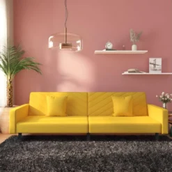 Canapé-lit à 2 Places Avec Deux Oreillers Jaune Velours