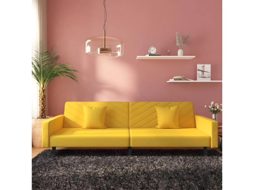Canapé-lit à 2 Places Avec Deux Oreillers Jaune Velours 1 Canapé-lit à 2 Places Avec Deux Oreillers Jaune Velours