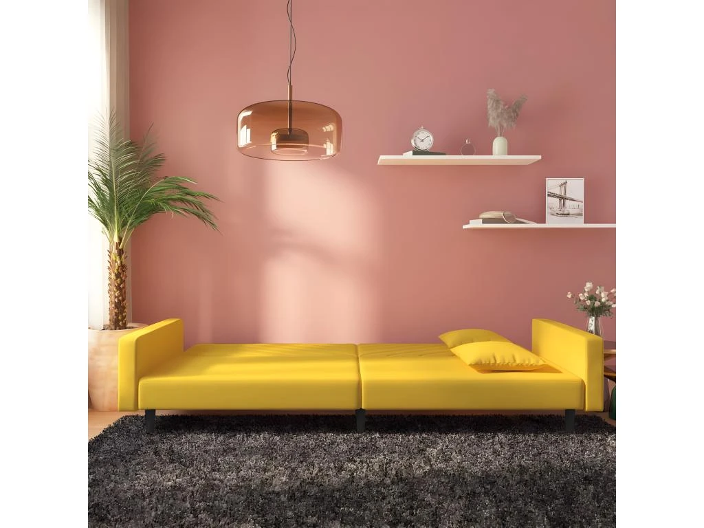 Canapé-lit à 2 Places Avec Deux Oreillers Jaune Velours 3 Canapé-lit à 2 Places Avec Deux Oreillers Jaune Velours – Image 3