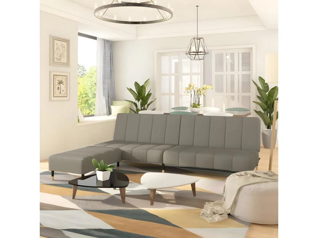 Canapé-lit 2 Places Avec Tabouret Gris Clair Velours 1 Canapé-lit 2 Places Avec Tabouret Gris Clair Velours