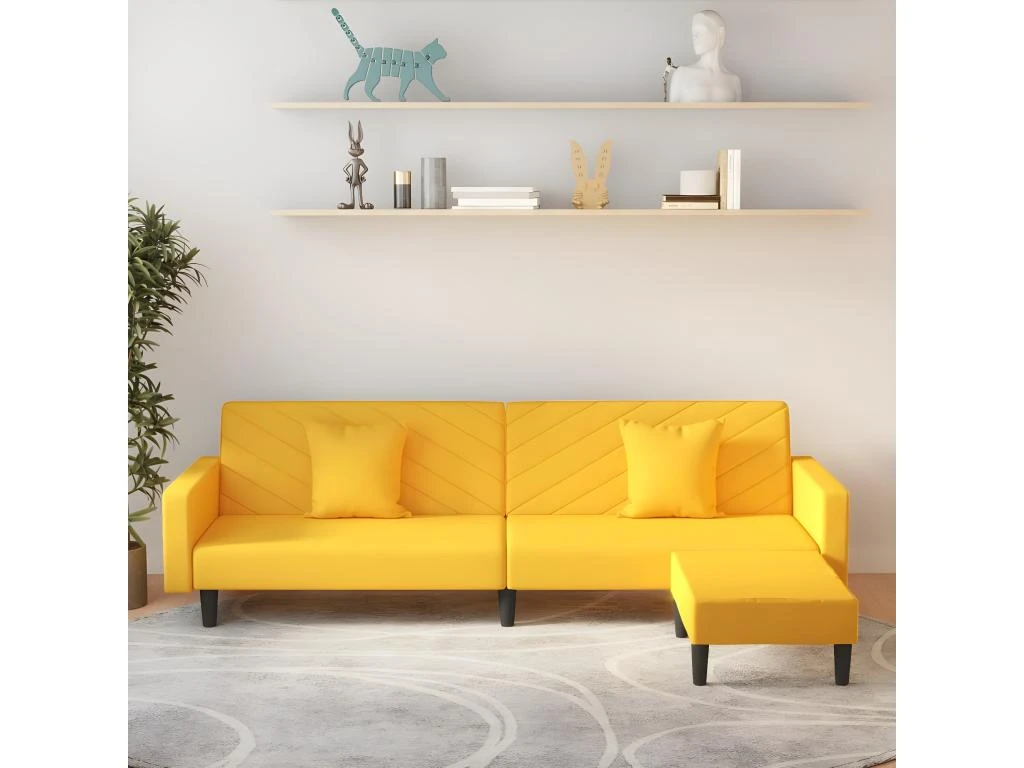 Canapé-lit 2 Places 2 Oreillers Et Repose-pied Jaune Velours 1 Canapé-lit 2 Places 2 Oreillers Et Repose-pied Jaune Velours