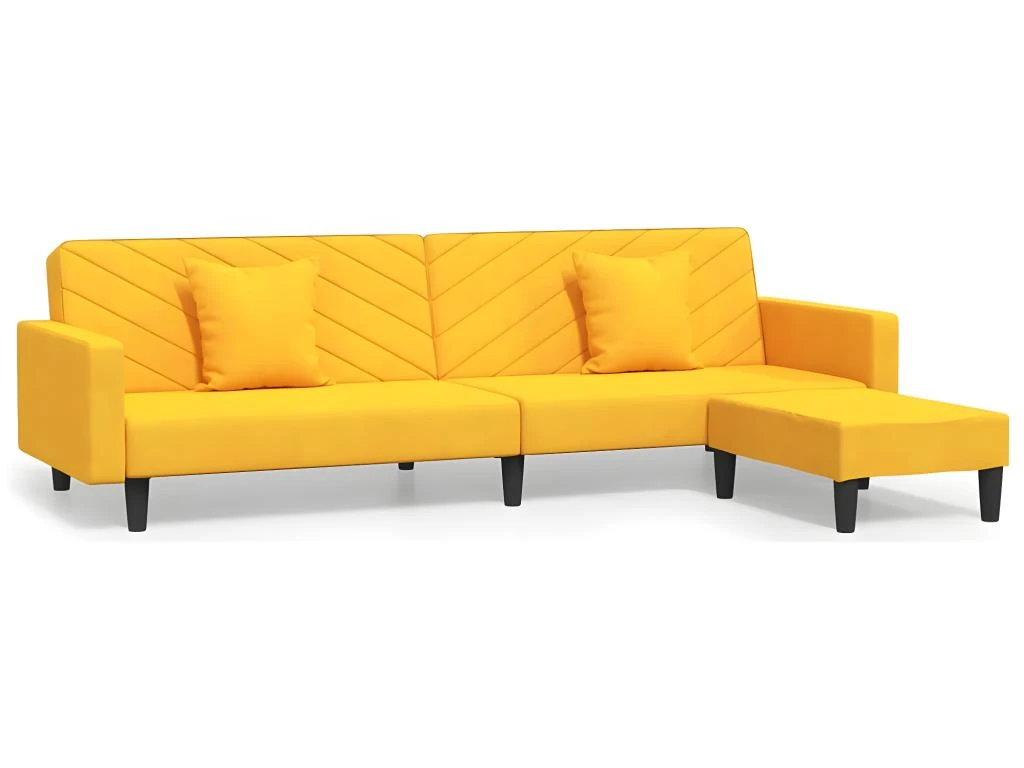 Canapé-lit 2 Places 2 Oreillers Et Repose-pied Jaune Velours 2 Canapé-lit 2 Places 2 Oreillers Et Repose-pied Jaune Velours – Image 2