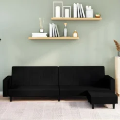 Canapé-lit à 2 Places Avec Repose-pied Noir Velours