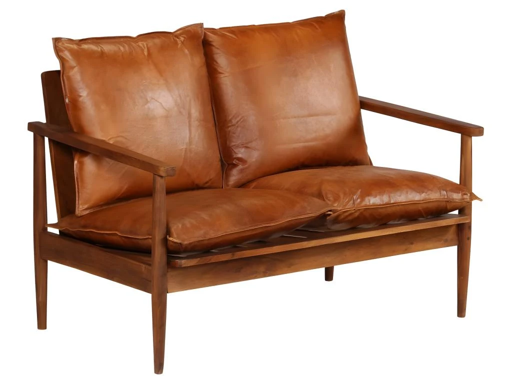 Canapé à 2 Places Cuir Véritable Avec Bois D'acacia Marron 1 Canapé à 2 Places Cuir Véritable Avec Bois D'acacia Marron