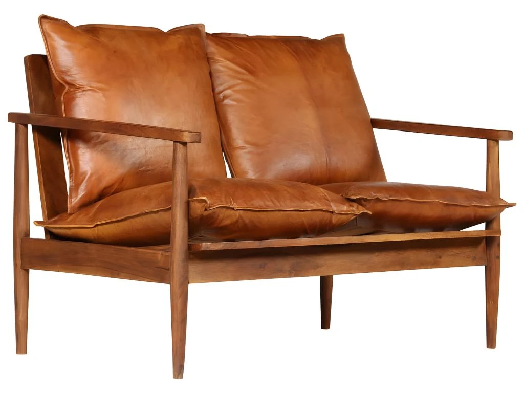 Canapé à 2 Places Cuir Véritable Avec Bois D'acacia Marron 2 Canapé à 2 Places Cuir Véritable Avec Bois D'acacia Marron – Image 2