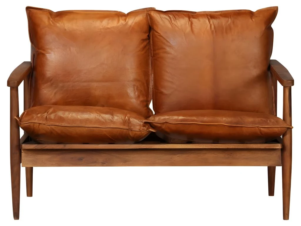 Canapé à 2 Places Cuir Véritable Avec Bois D'acacia Marron 4 Canapé à 2 Places Cuir Véritable Avec Bois D'acacia Marron – Image 4