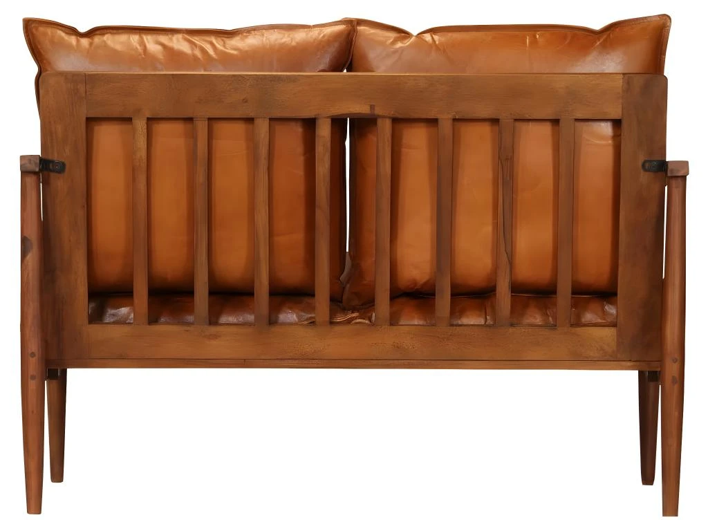 Canapé à 2 Places Cuir Véritable Avec Bois D'acacia Marron 6 Canapé à 2 Places Cuir Véritable Avec Bois D'acacia Marron – Image 6