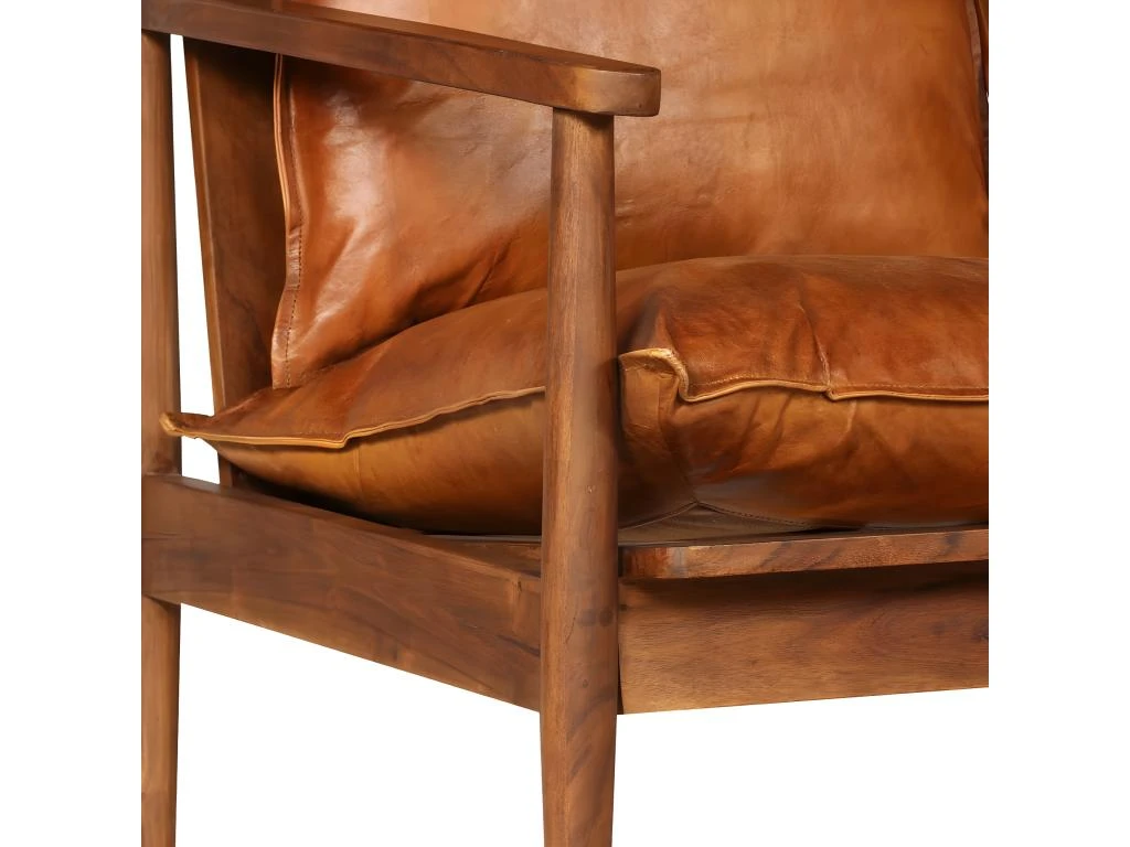 Canapé à 2 Places Cuir Véritable Avec Bois D'acacia Marron 7 Canapé à 2 Places Cuir Véritable Avec Bois D'acacia Marron – Image 7